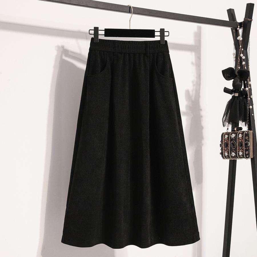 Autumn New Style Corduroy Midi A-Line Skirt for Women, High-Waisted, Slimming, Elastic Waist, Pleated Dress