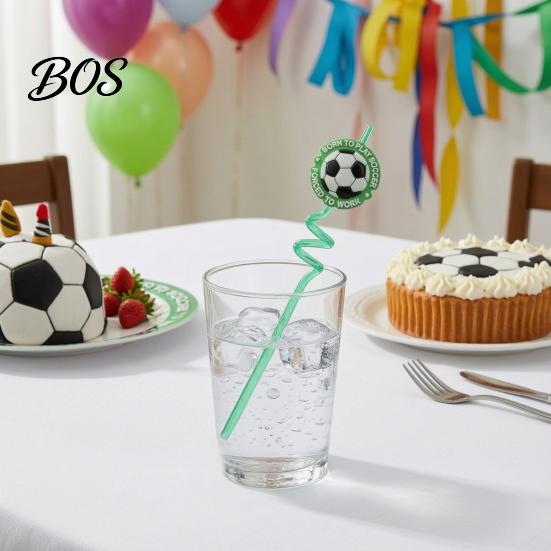 Reusable Plastic Straw 5Pcs Colorful Soccer Spiral Straws, Drinking Straws for Birthday Party Party, Football Theme Celebration Beverage Decor Unique