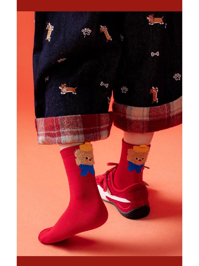 Children's Seamless Zodiac Horse Socks - Red Combed Cotton, Mid-Calf, Sweat-Wicking, Cartoon Design for Boys/Girls, Autumn/Winter.