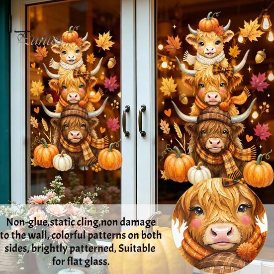 Pumpkin Harvest Glass Decorations Highland Cow Window Clings, Cute Autumn Maple Leaves Static Theme Room Decor Stickers, Waterproof PVC Decals