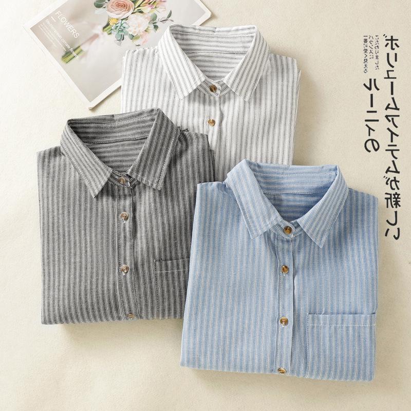 Artistic Cotton Linen Striped Long Sleeve Casual Loose Plus Size Shirt 2025