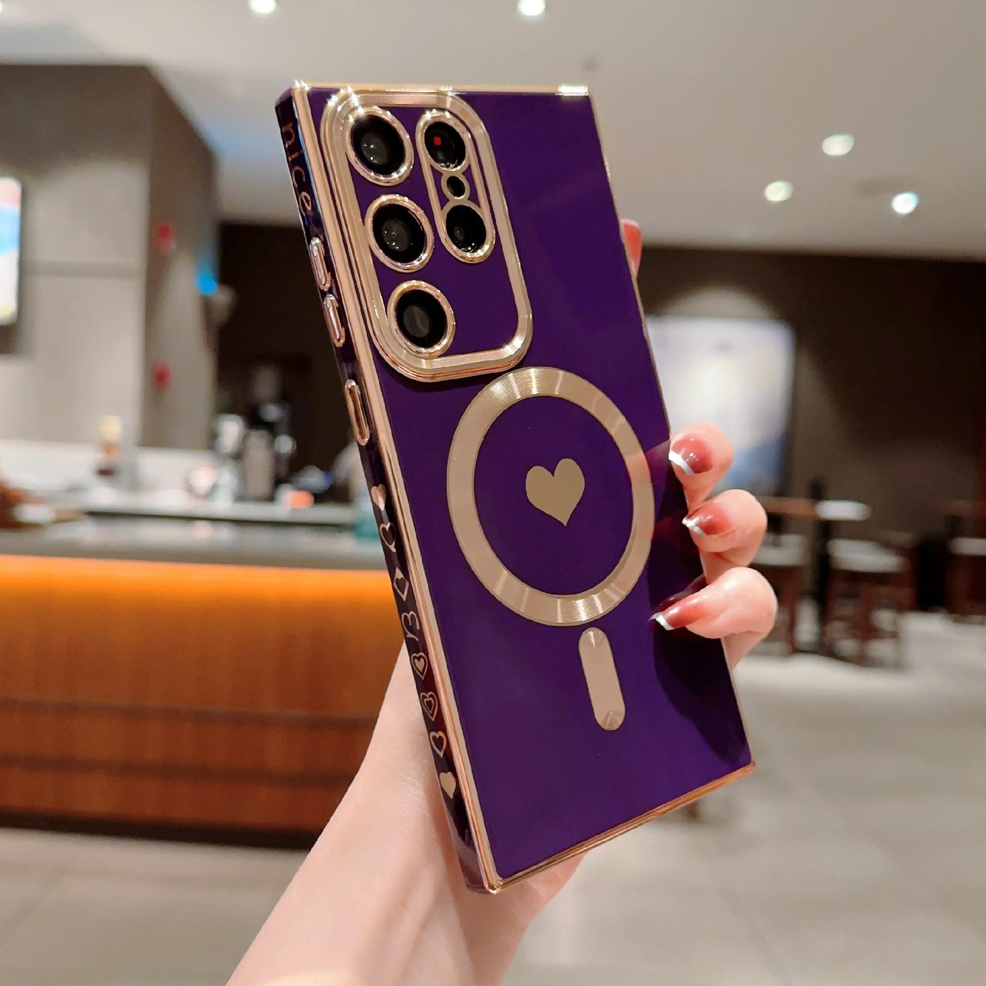 

For Samsung Galaxy S23 Ultra 6D Electroplating Love Heart Phone Case TPU Cover Compatible with MagSafe Purple