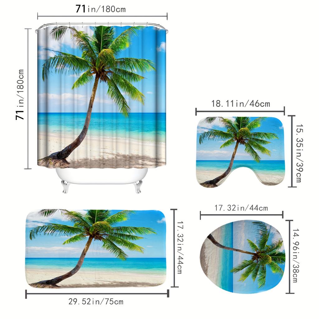 4Pcs Shower Curtain Set Beautiful Beach Coconut Palm Summer Island Tropical Pattern Non-Slip Rugs Toilet Lid Cover And Bath Mat Bathroom Decor Set
