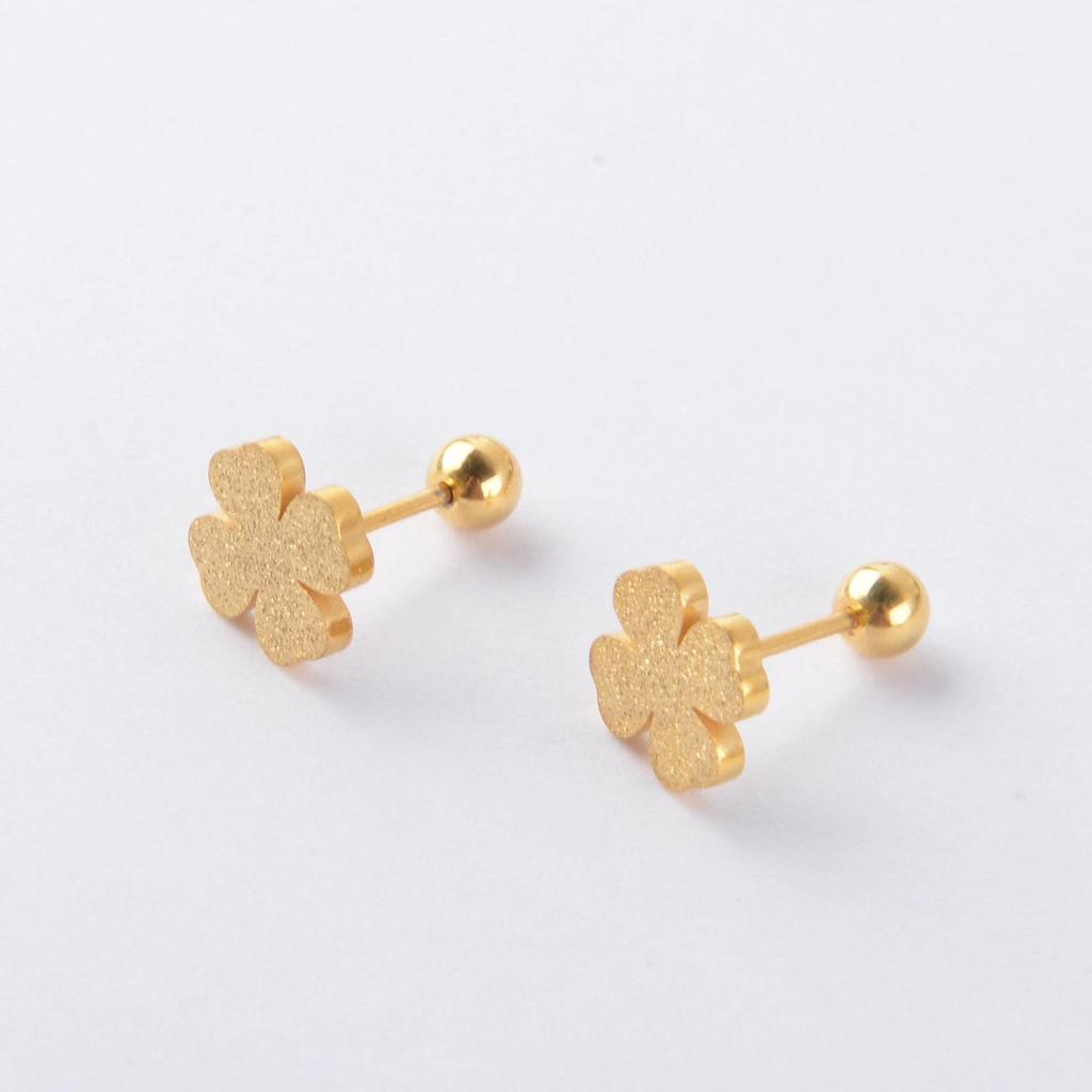 Gold Frosted Four-Leaf Clover Titanium Steel Stud Earrings - Non-Fading, Anti-Loss, Luxurious Design