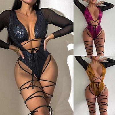 Dámské sexy jednodílné plavky s plným rukávem letní šněrování vysoké elastické přiléhavé bikiny s vyhloubenými zády
