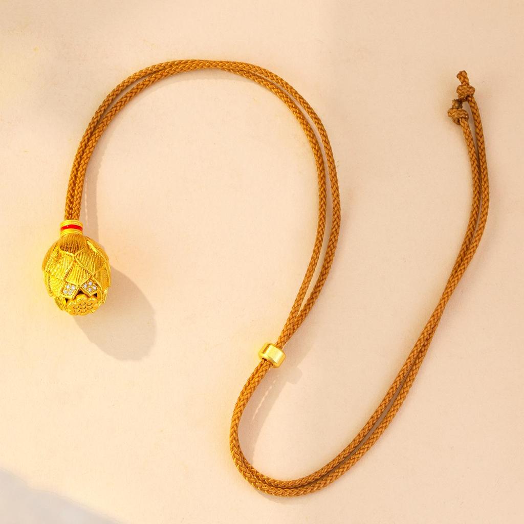 Shop Style Gold Lotus Seed Micro-Pave Brushed Pendant Necklace with Braided Rope – Light Luxury, Simple Design.