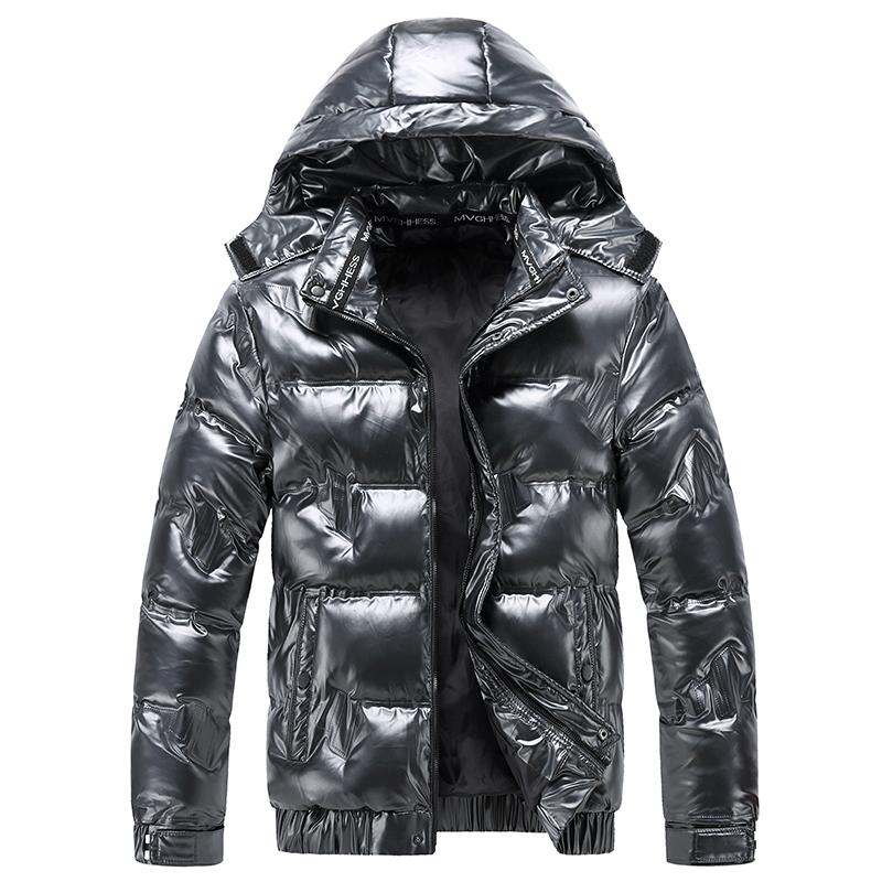 New Bright Leather Winter Men's Jacket Casual Parka Outwear Waterproof Puffer Padding Warm Stand With Hood Outwearing Coat