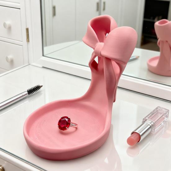 Pink Stiletto Jewelry Tray 3D Printed High Heel Jewelry Dish with Bow Women Ring And Earring Holder Jewelry Display Stand for Bedroom Vanity Table