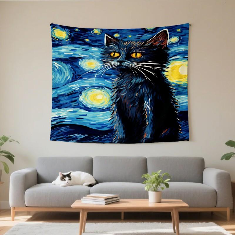 Artistic Starry Sky Black Cat Tapestry Wall Hanging Decor Bedroom Living Room Modern Boho Home