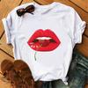 Women Summer T-shirt Red Lips Love Print White Crew Neck Short Sleeve T Shirts Casual Top For Girls