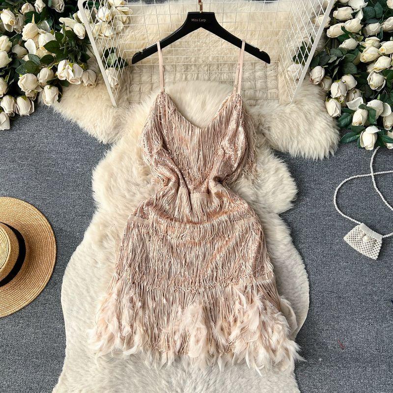 Feather Dress Ins Open Back Sling Tassel Sequins