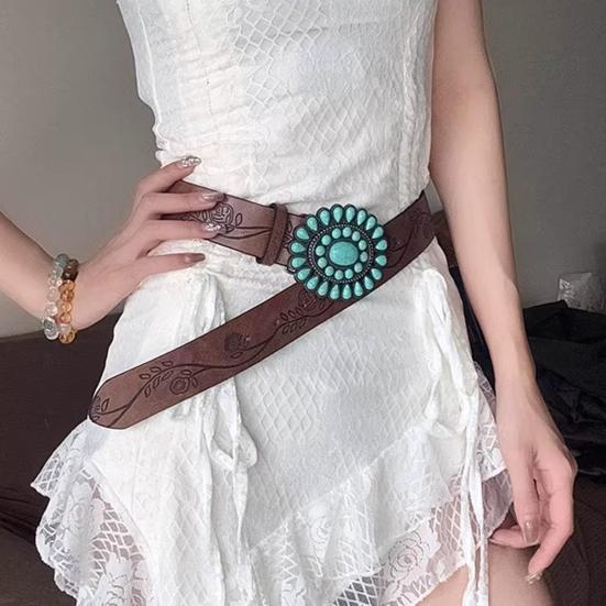 Western Belt with Retro Turquoise Buckle Retro Flower Pattern Faux Leather Women Cool Belt Outfit Accessory