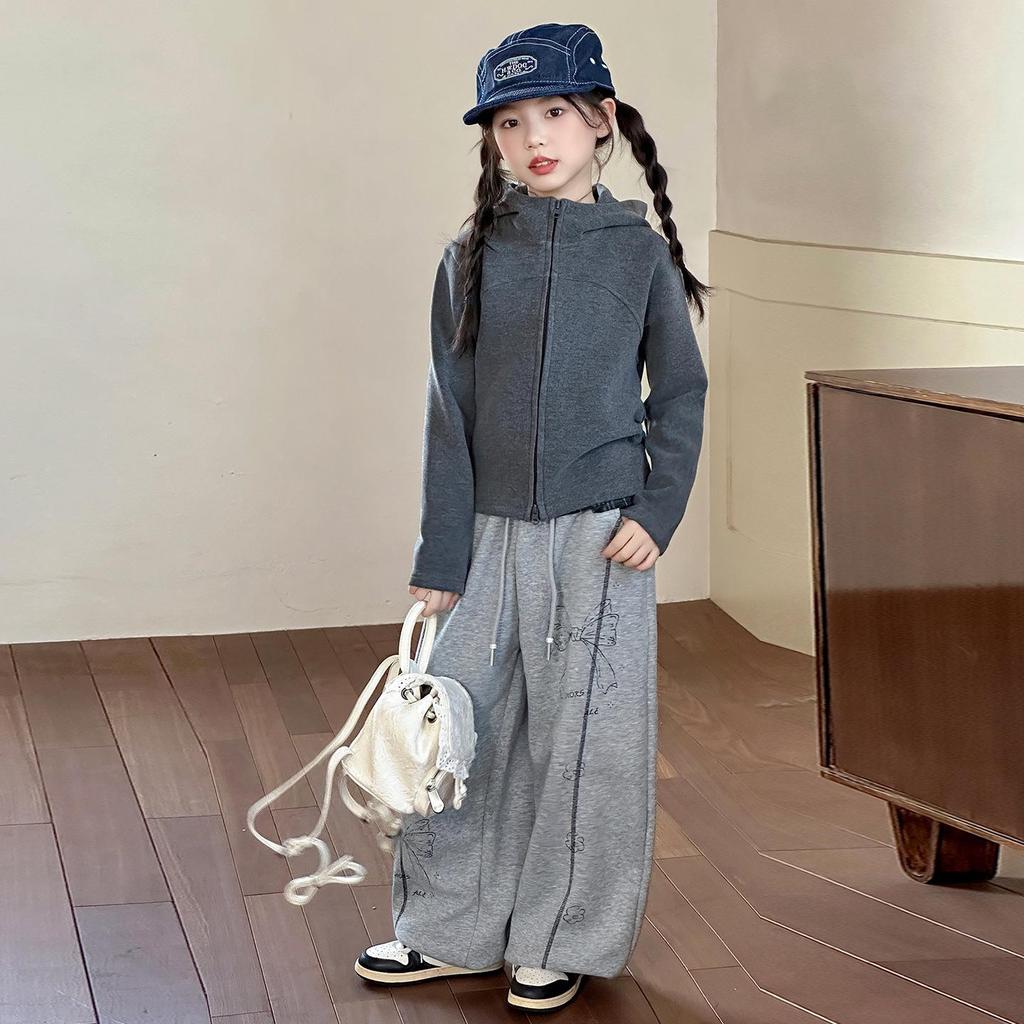 2025 Girls' Spring/Autumn Cardigan & Wide-Leg Pants Set - Hooded Casual Two-Piece Outfit