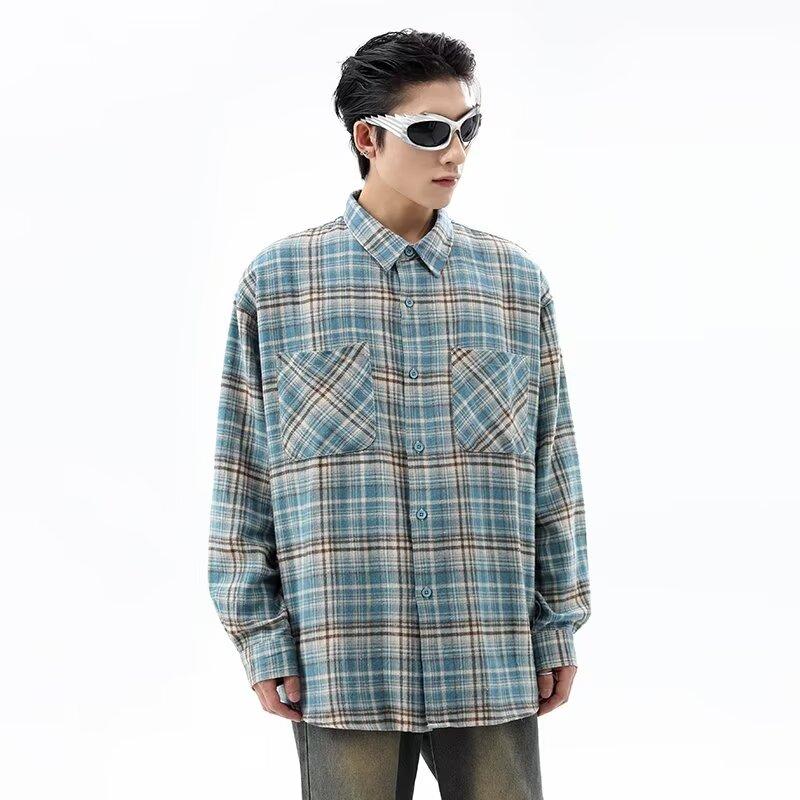 Amerikanisches Retro-Plaidhemd Herren Frühling und Herbst Street-Trend Lockeres Paar Lässig Langarmhemd Mantel