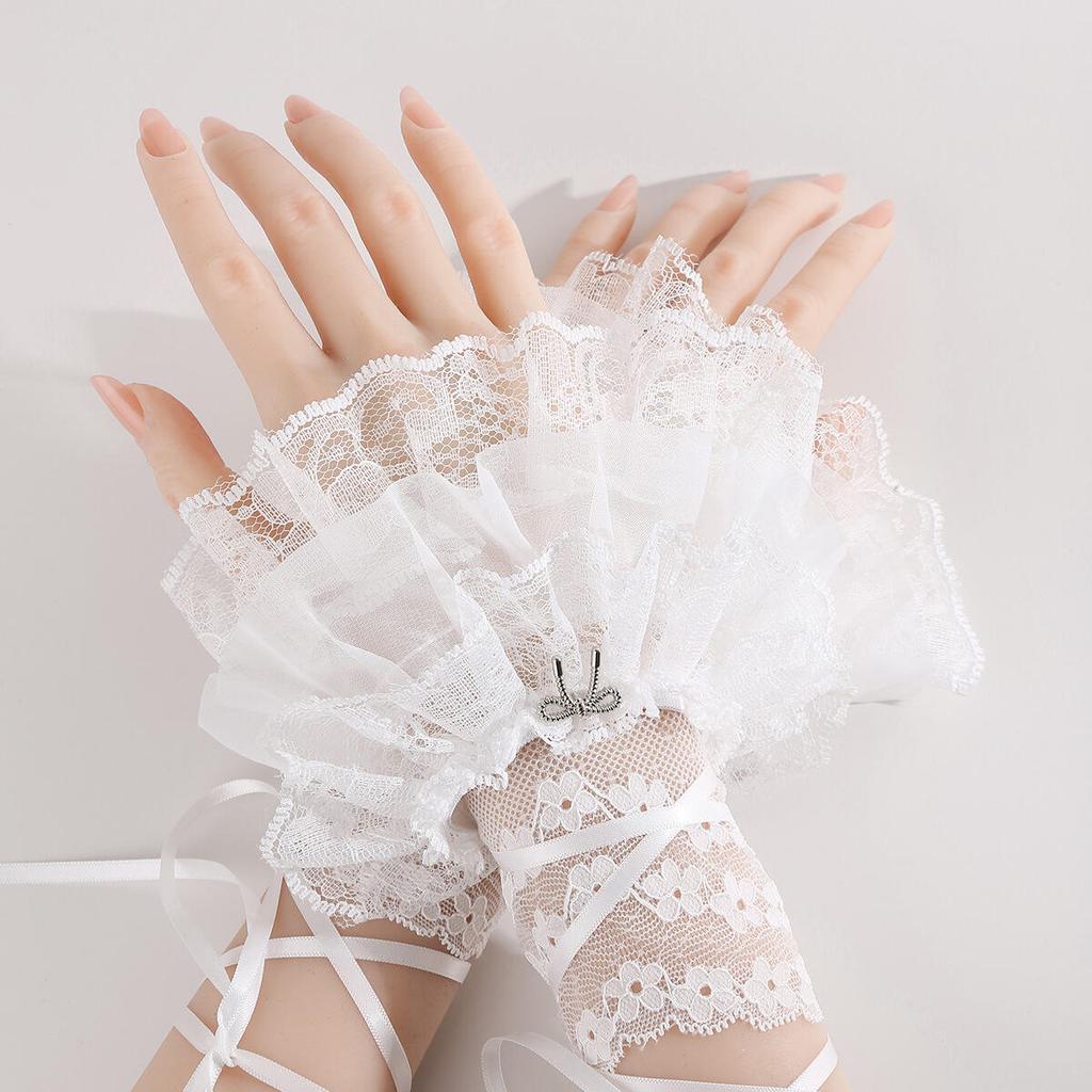 Lolita Arm Sleeves Gothic Lolita Lace Wrist Cuffs Ruffled Sheer Lace Wristbands With Ribbon Tie Anime Bell-sleeve Bow Arm Warmer