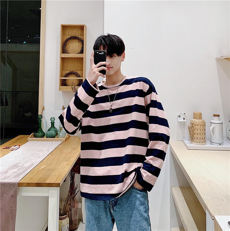 "Unisex Trendy Black & White Striped Long-Sleeve Crew Neck T-Shirt"
