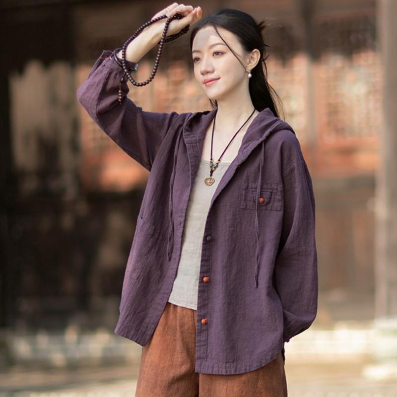 Johnature Women Vintage Shirts Tops Hooded Spring Chinese Style Solid Color Blouses Button Shirts