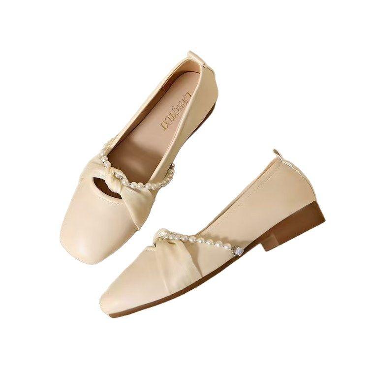 French gentle wind single shoes women's spring flat bottom 2025 new pearl ladyshoes soft sole Doudou shoes square head shallow mouth women's shoes