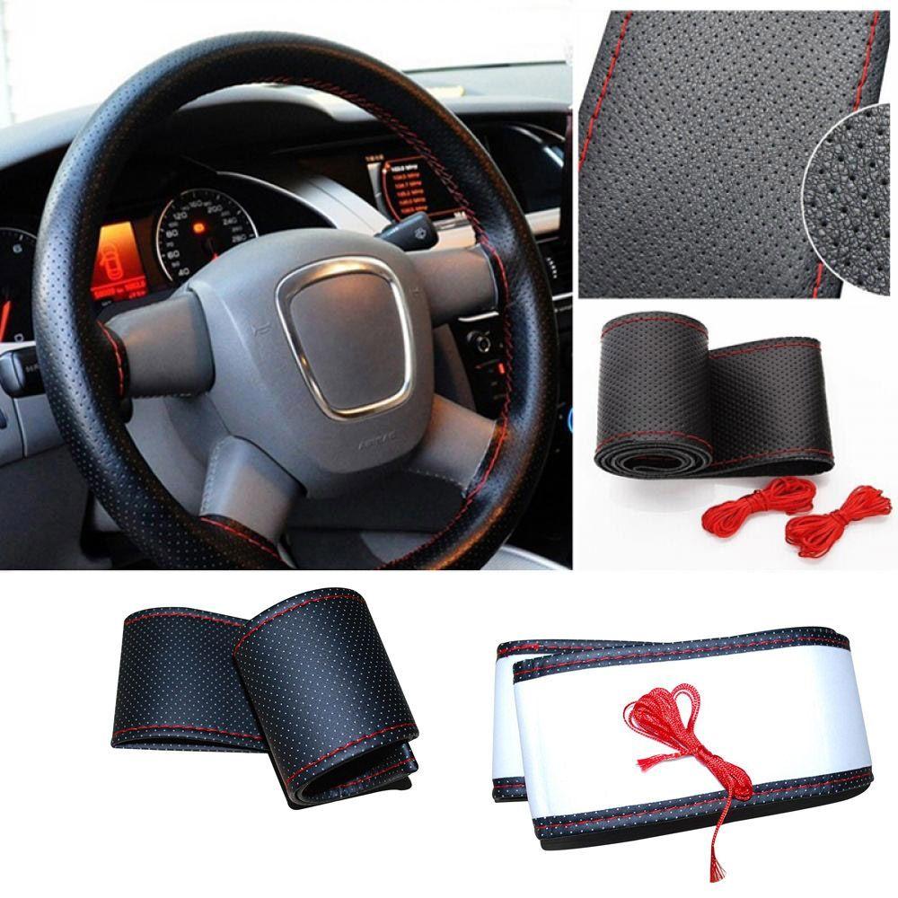 Car Truck Leather Steering Wheel Cover With Needles and Thread Black DIY AB