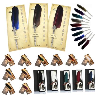 1 Set Vintage Calligraphy Feather Dip Pen with 5 Nib Writing Ink Quill Fountain for School Office Work Accessories