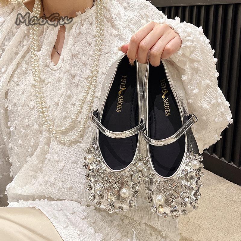 Fashion Women’s Flat Shoes Fairy Style Silver Sequins Mary Janes Basic Spring Summer Rhinestones Low Heel Pumps Single Shoes Square Toe