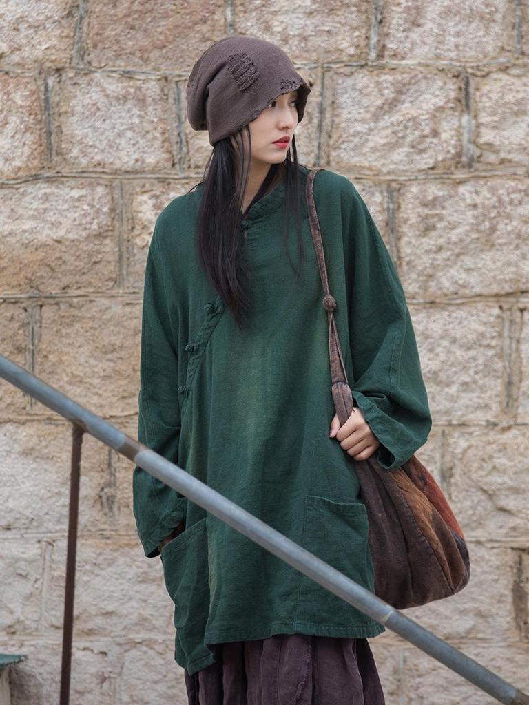 Ramie Cotton Sand-Washed Distressed Women’s Frog Button Top Jacket - Autumn/Winter Chinese Style