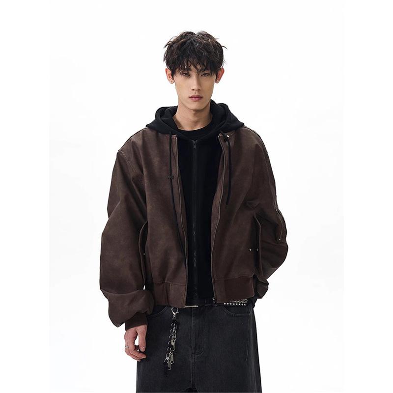 Herren Retro Zweiteilige Leder Fliegerjacke - Cleanfit Scheunenstil Locker Arbeitskleidung