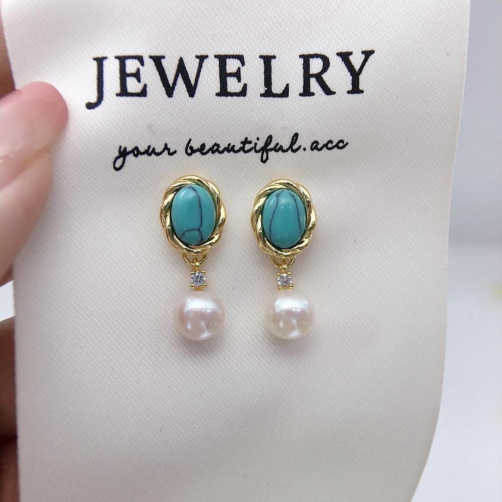 Natural Freshwater Pearl & Turquoise Earrings - Retro Court Style