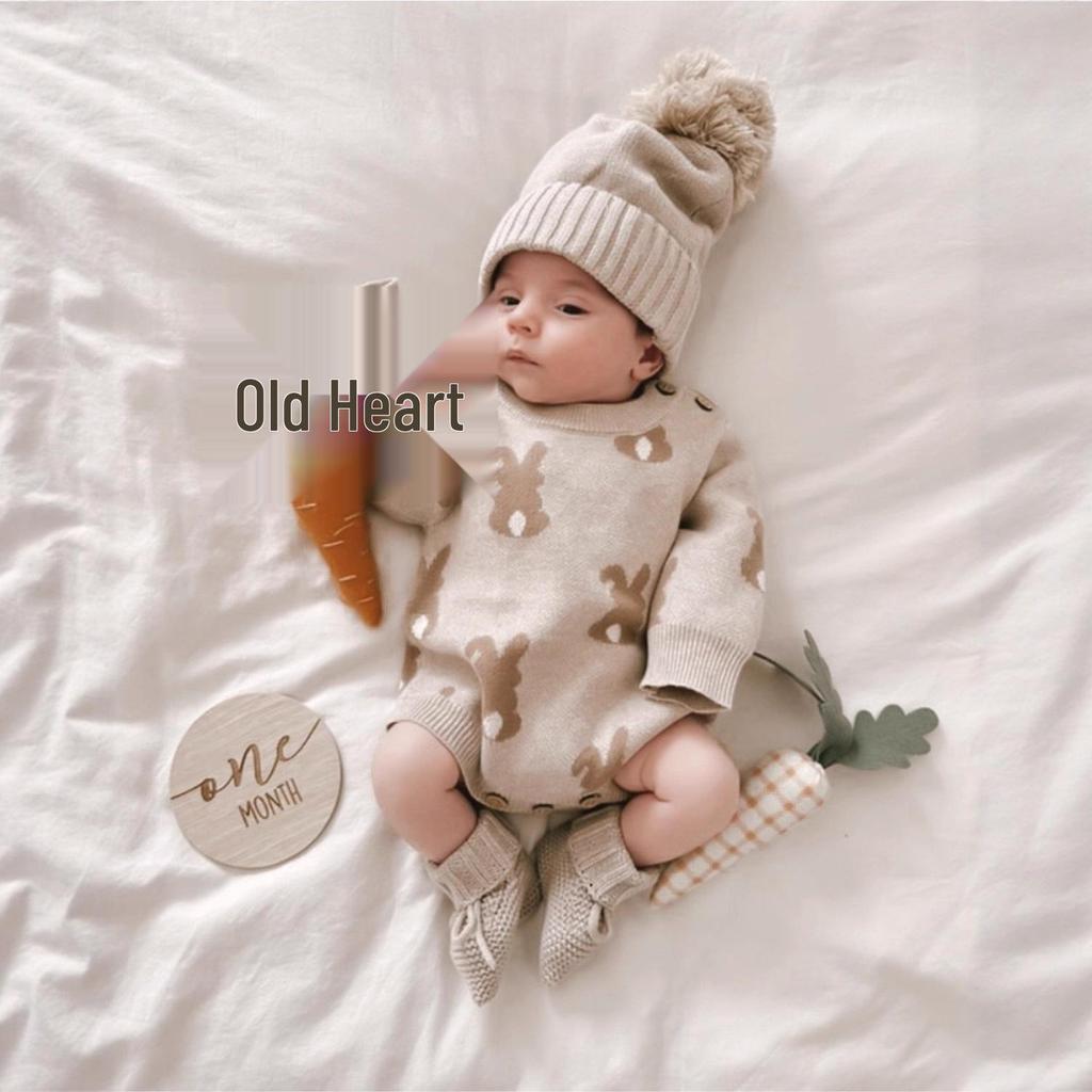 Baby Bunny Sweater Romper Set with Wool Pom-Pom Hat - Unisex, Long Sleeve