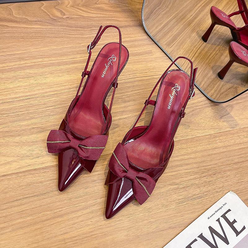 Baotou Sandals Women's 2025 New Summer Pointed Head Thin Heel Empty Single Shoes Bow Red Large Size High Heels