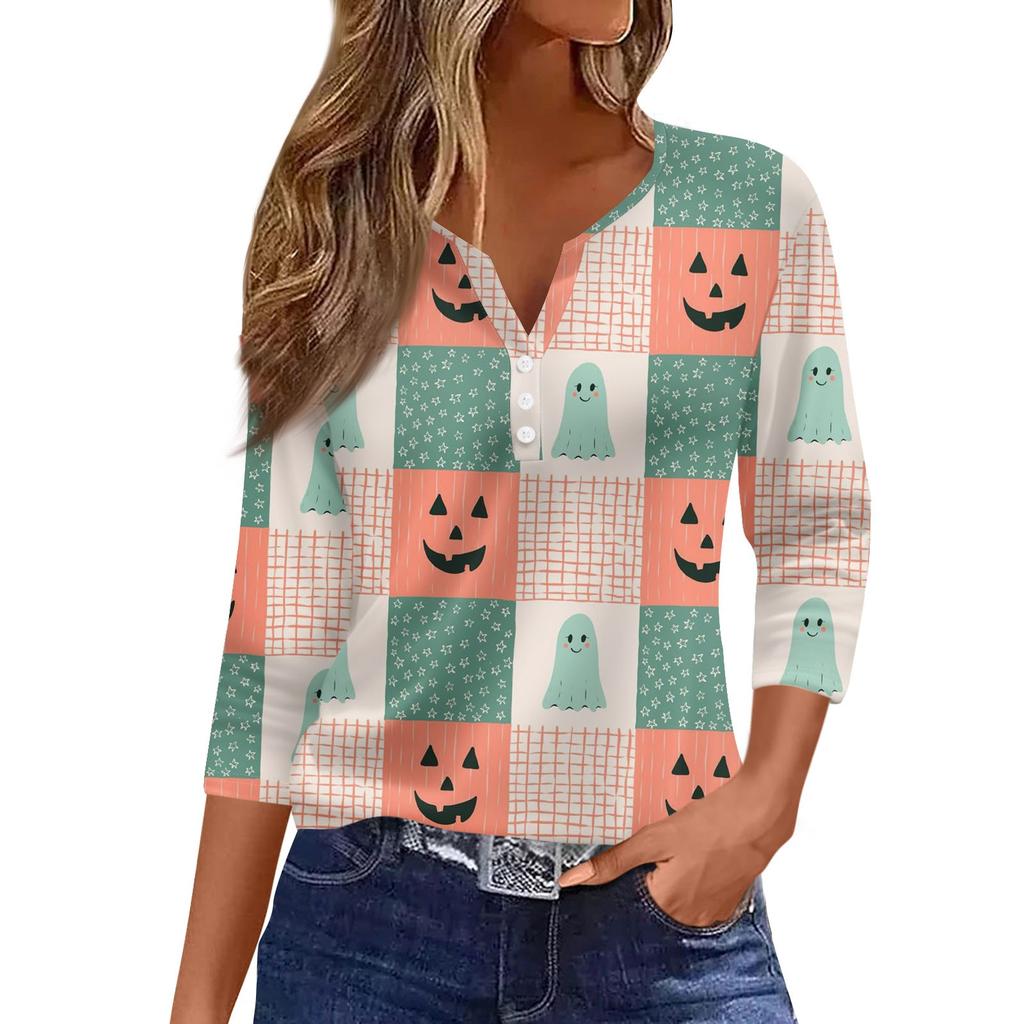 Women's Casual Fashion V-neck Loose Versatile Halloween Print Three-quarter Sleeve Top