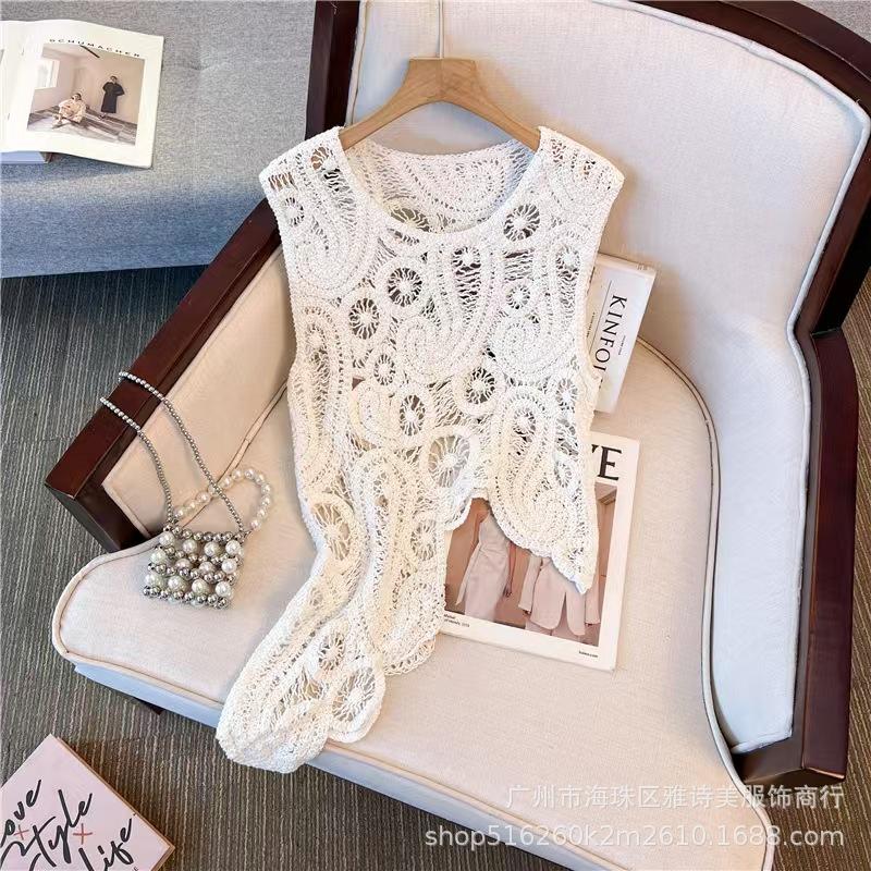 

Spring outerwear hook-up hollow blouse niche chic beautiful irregular knitted thin sleeveless top trendy One size fits all белый