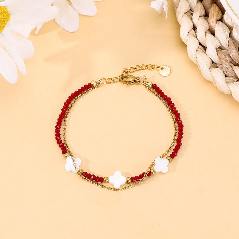 Bohemian Double-Layer Beaded Bracelet with Colorful Crystals and Four-Leaf Clover