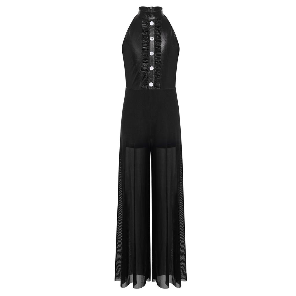 Meisjes Mock Neck Mouwloze Jumpsuit Metallic Bodice Ruches Wijde Pijp Rits aan de Achterkant Jazzdans Kostuum