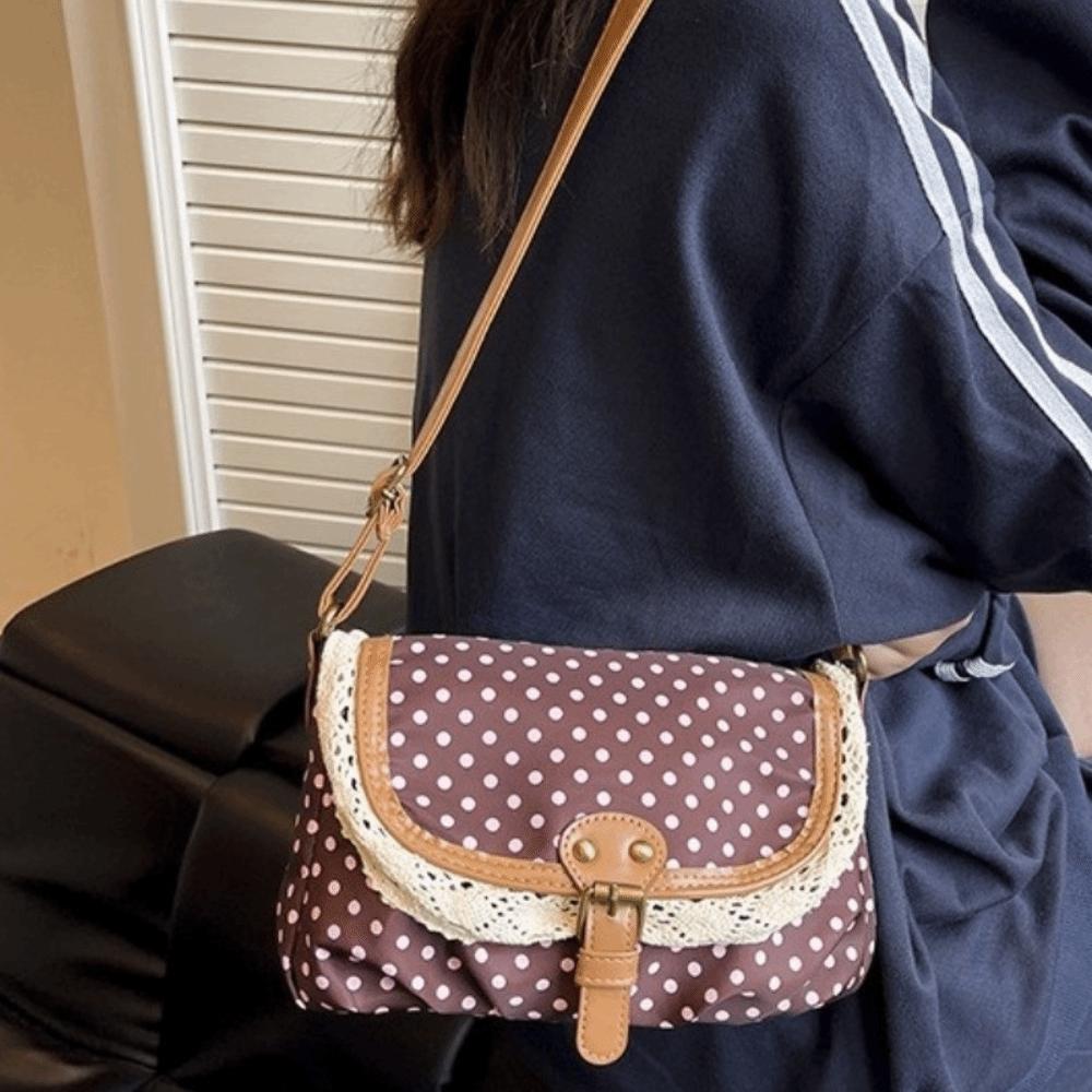 Sweet Lace Ladies Flap Crossbody Bag Polka Dots Vintage Canvas Sling Bag Daily Use