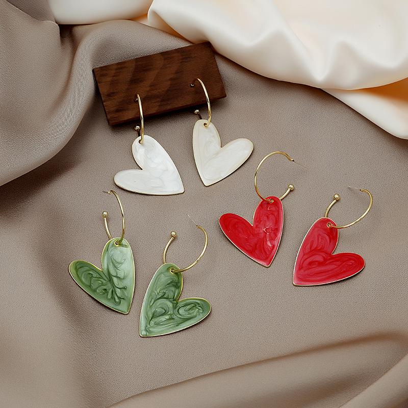 Trendy Big Heart Silver Needle Stud Earrings - Colorful Candy Design