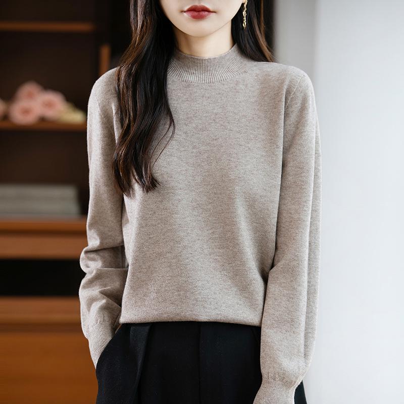 Elegant Autumn Velvet Knit Half-High Neck Sweater for Women - Long Sleeve, Loose Fit Pullover