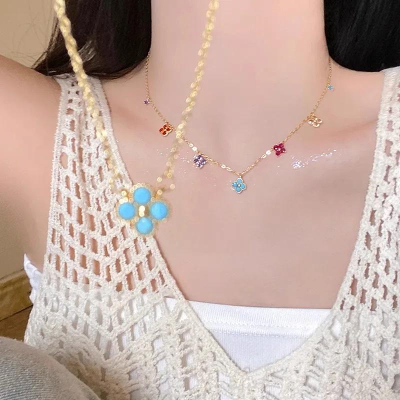 PONYKISS Sterling Silver Colorful Zircon Clover Flower Pendant Chain Necklaces for Women Fine Cute Plant Accessories