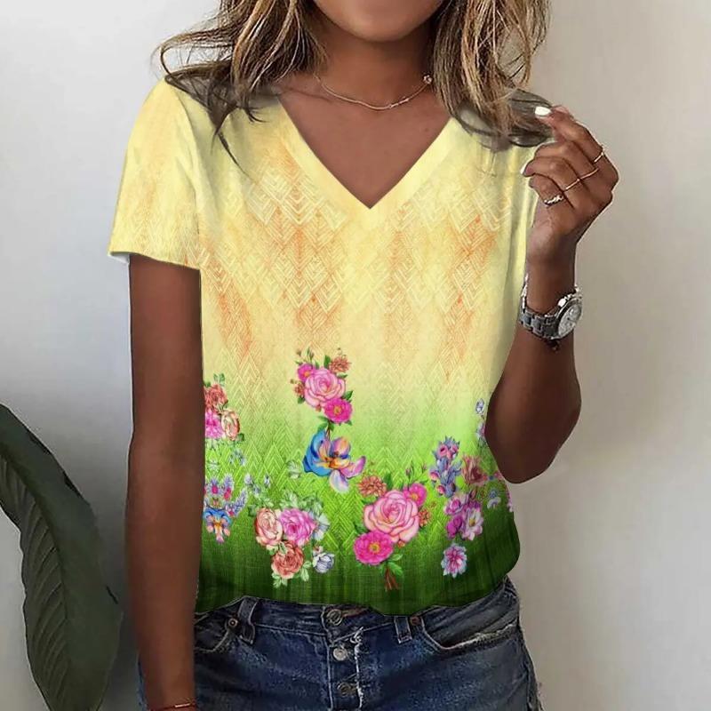 Fashion Sunflower Floral 3D Print T Shirt Summer Women V-Neck T-shirts Harajuku Streetwear Y2k Tees Top Woman Clothing Shirt