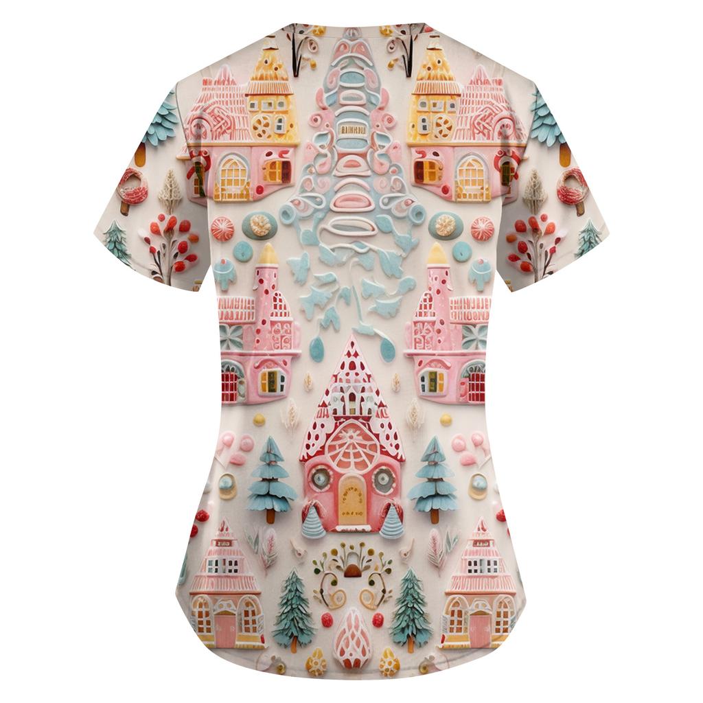 Women's Cute Printed Work Clothes V-neck Double Layer Pockets Basic Short Sleeve Top Pullover Valentines