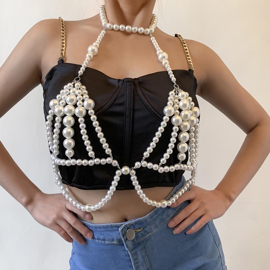 Sexy Pure Style Imitation Pearl Double Waist Chain Women'S, Fashion Metal Chain Bikini Body Chain