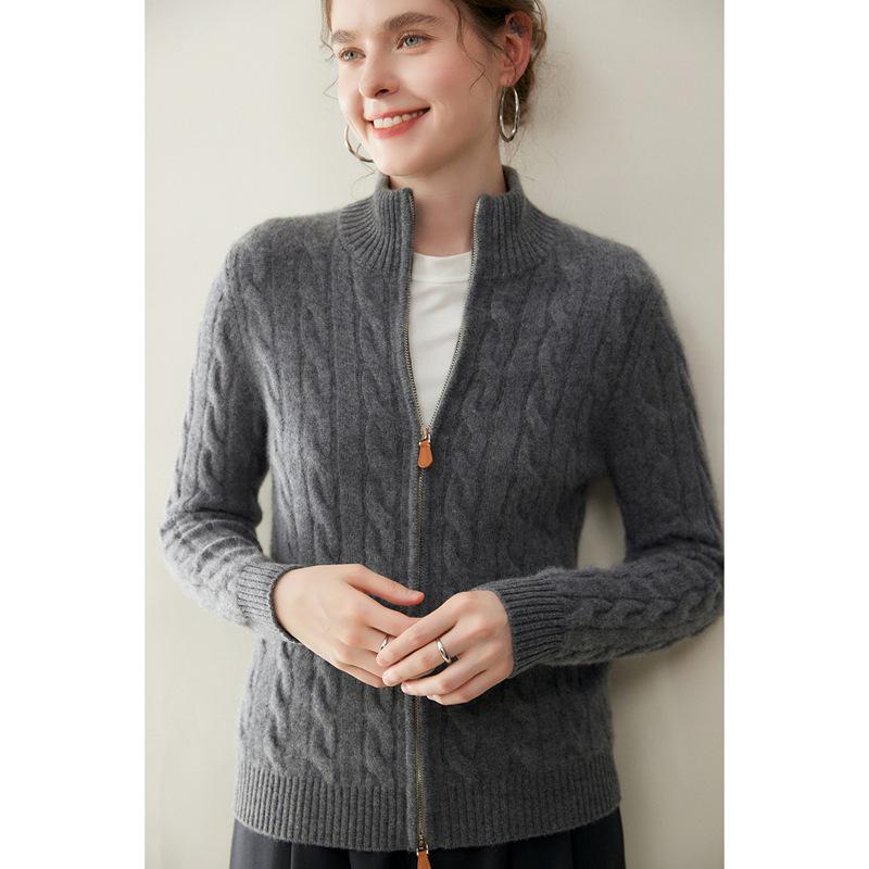 Women's Luxury Heavy-Duty Cable Knit Cashmere Cardigan, High Neck, Double Zipper, Loose Fit, Slimming, Thick Sweater Coat
