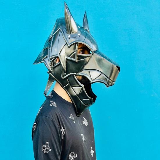 Středověká přilba Great Wolf, černěná ocel 18 Gauge Working, Halloweenský dárek, Vánoční dárek Dekorace na zeď