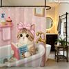 Cute Cat Reading In Bathtub Shower Curtain Waterproof Moisture Proof Privacy Protection Print Pink Polka Dot Design Elevatespace