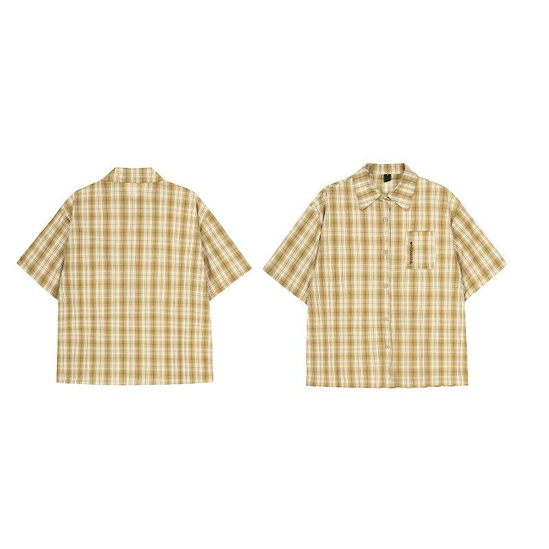 Apricot texture plaid short-sleeved shirt men's and women's loose casual vintage couple's top jacket ins tide
