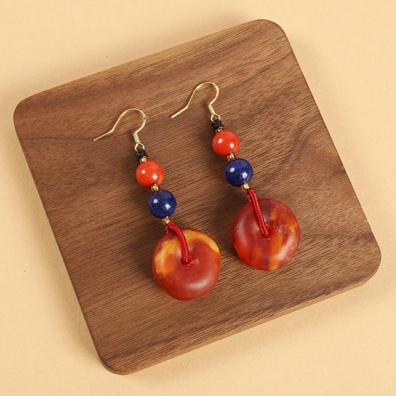 Niche design beeswax earrings retro long literary temperament women's antique cheongsam simple Tibetan earrings