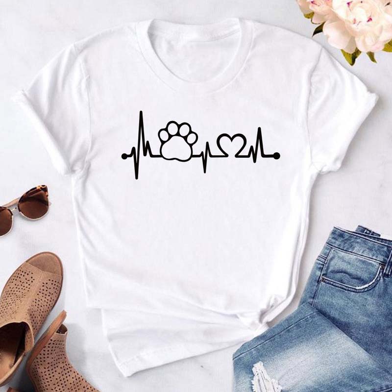 Women Dogs Paws Love Heart Printed T-shirts Fashion Summer Short Sleeve Lady Womens Clothes Tops T-Shirt Black Shirt Tees Female