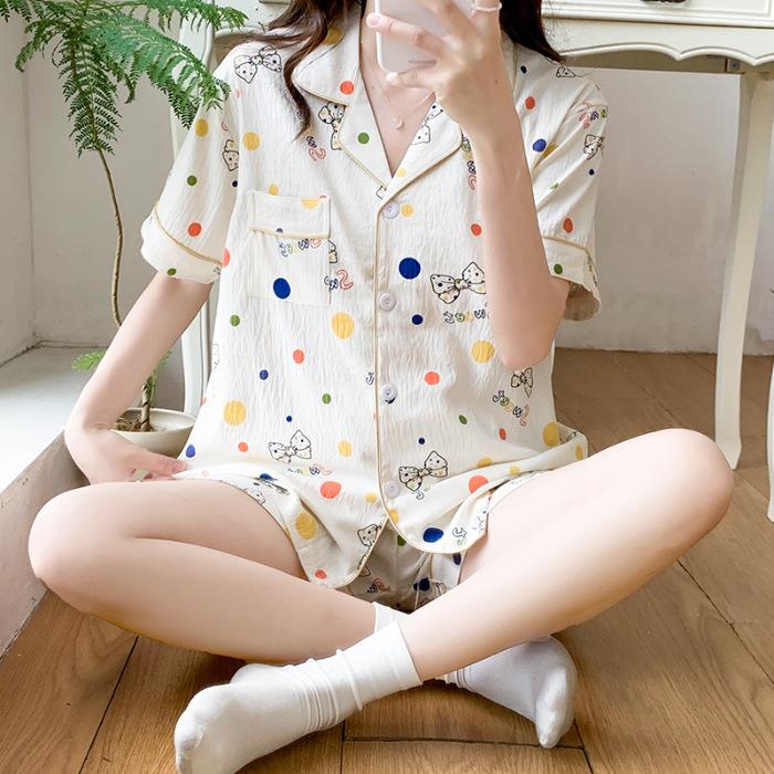 Pijamale de vară pentru damă, cu mânecă scurtă, din bumbac Tencel, cu desene animate drăguțe, pentru fete, studenți, secțiune subțire, costum de casă