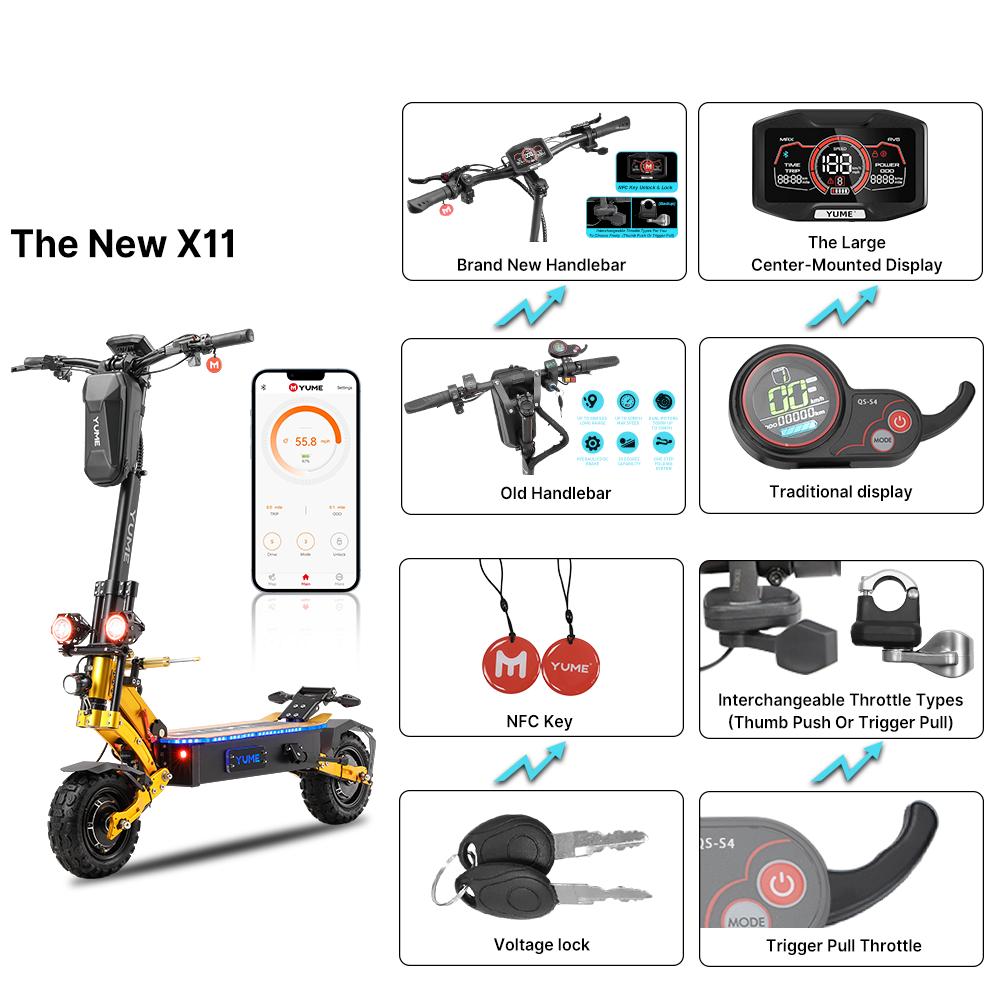 YUME X11+ Adult Electric Scooter, Hydraulic Brake + Electronic Brake, BMS, Wide Tire, 3000W Dual Motor, IP 54