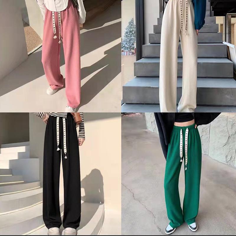 Jarní Letní Stahovací Ledové Hedvábné Kalhoty s Širokými Nohavicemi pro Ženy Vysoký Pas Volné Rovné Módní Kalhoty